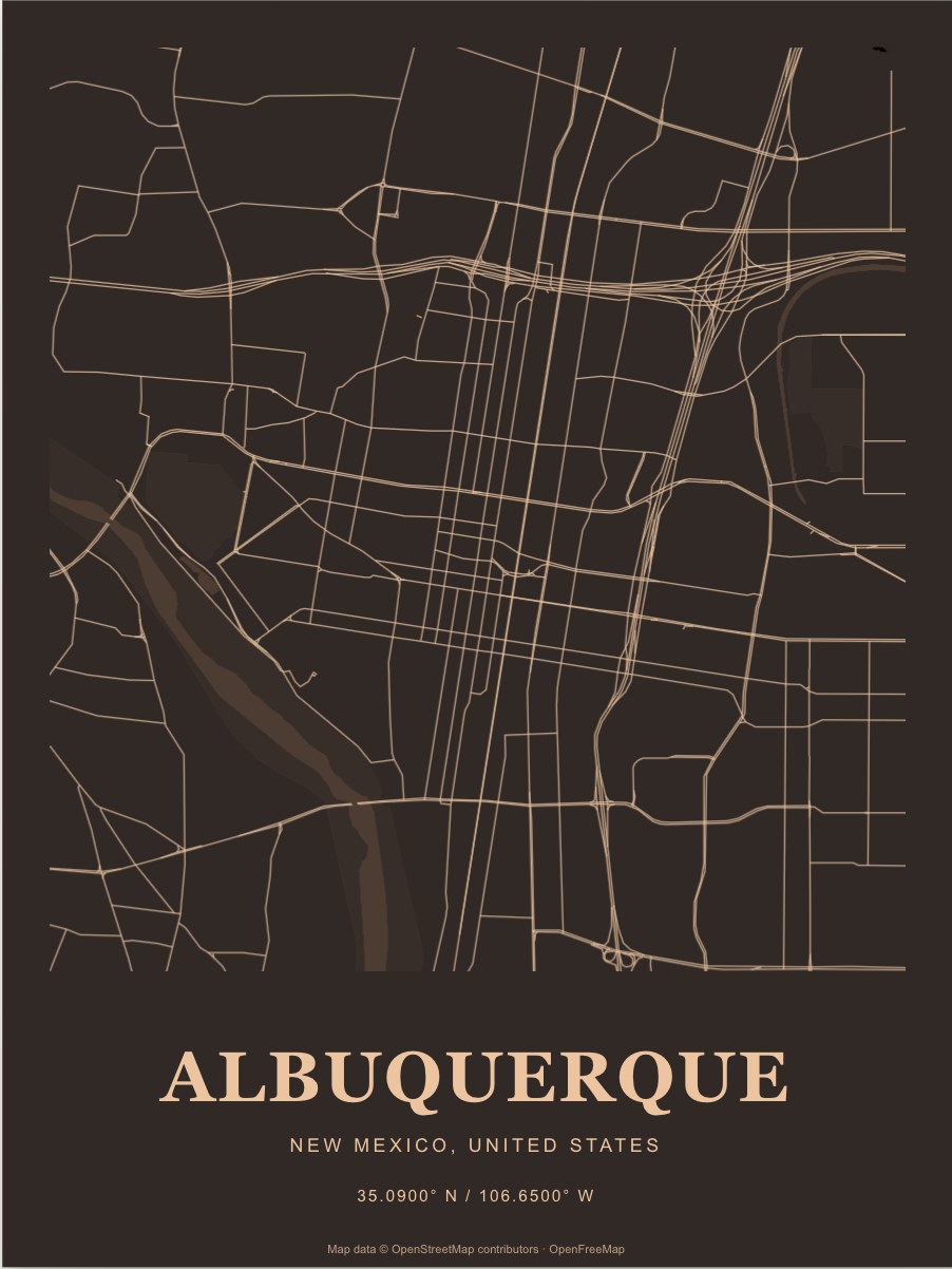 Albuquerque street map print in Copper