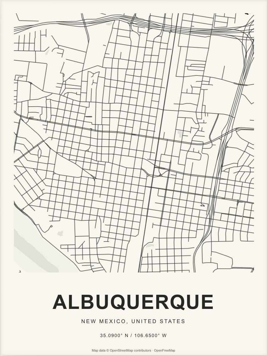 Closer Albuquerque street map in dark ink on warm paper