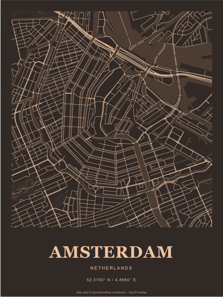 Amsterdam street map print in Copper