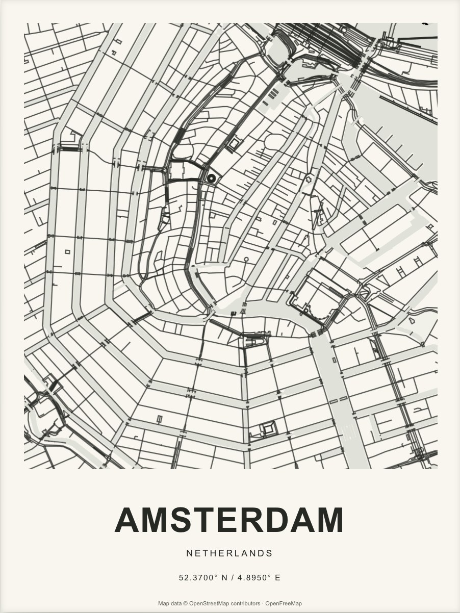 Closer Amsterdam street map in dark ink on warm paper