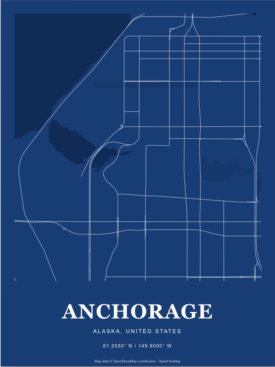 Anchorage street map print in Blueprint