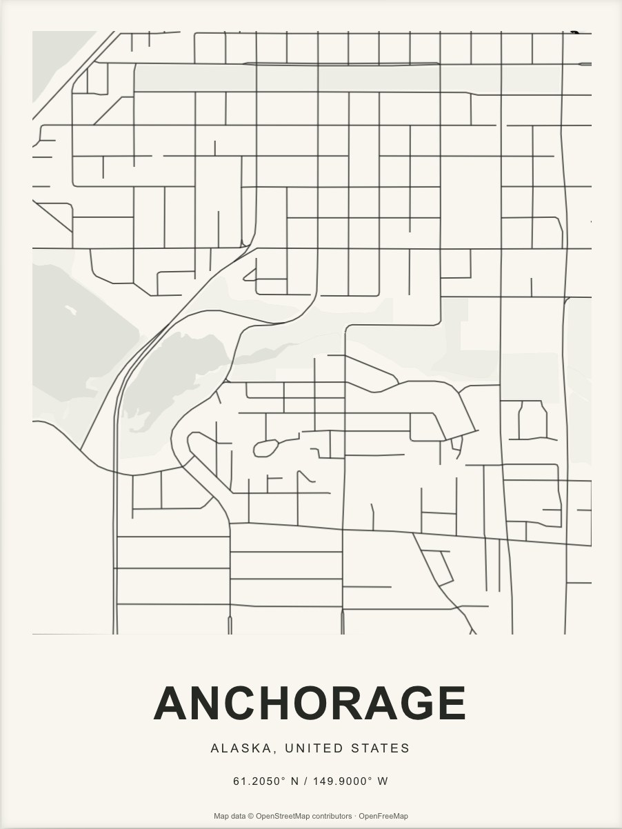 Closer Anchorage street map in dark ink on warm paper