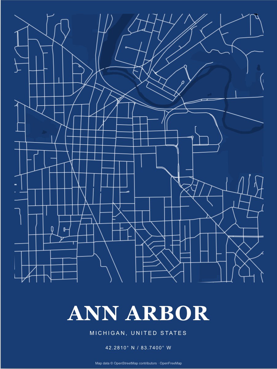 Ann Arbor street map print in Blueprint