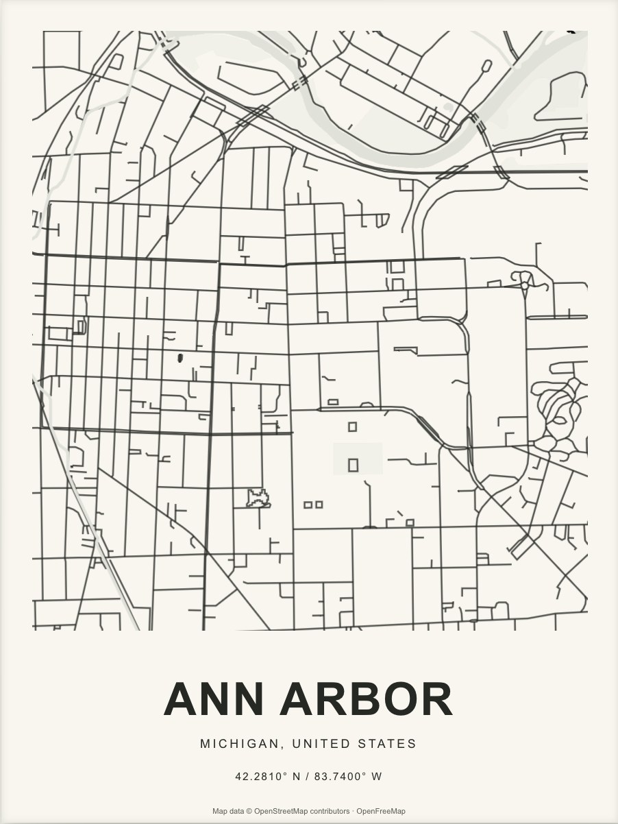 Closer Ann Arbor street map in dark ink on warm paper