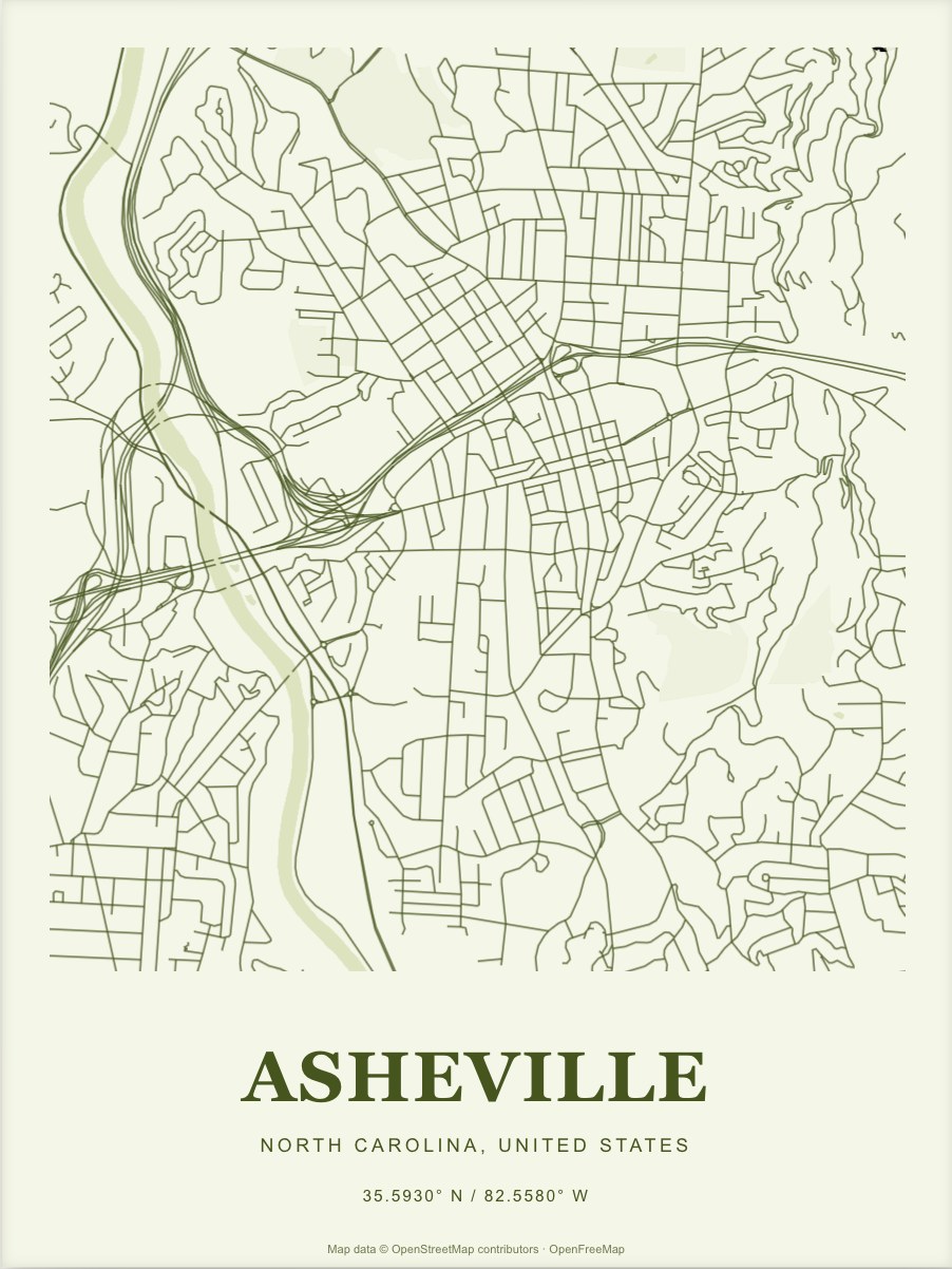 Asheville street map print in Moss