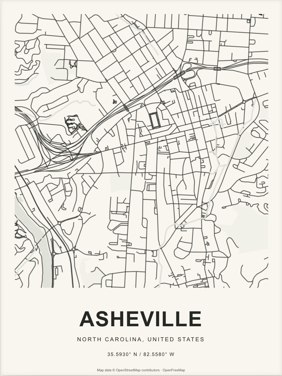 Closer Asheville street map in dark ink on warm paper