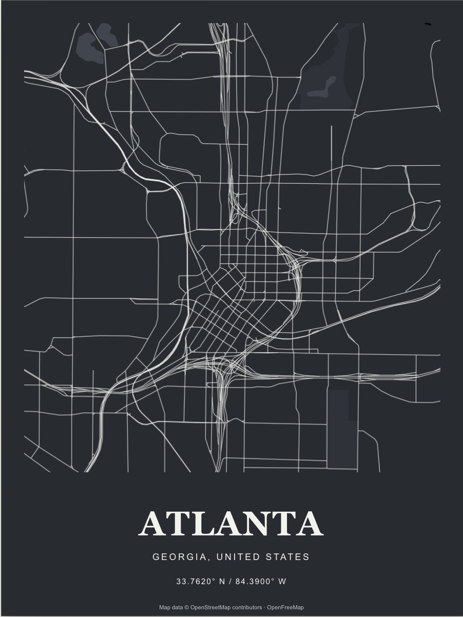 Atlanta street map print in Graphite