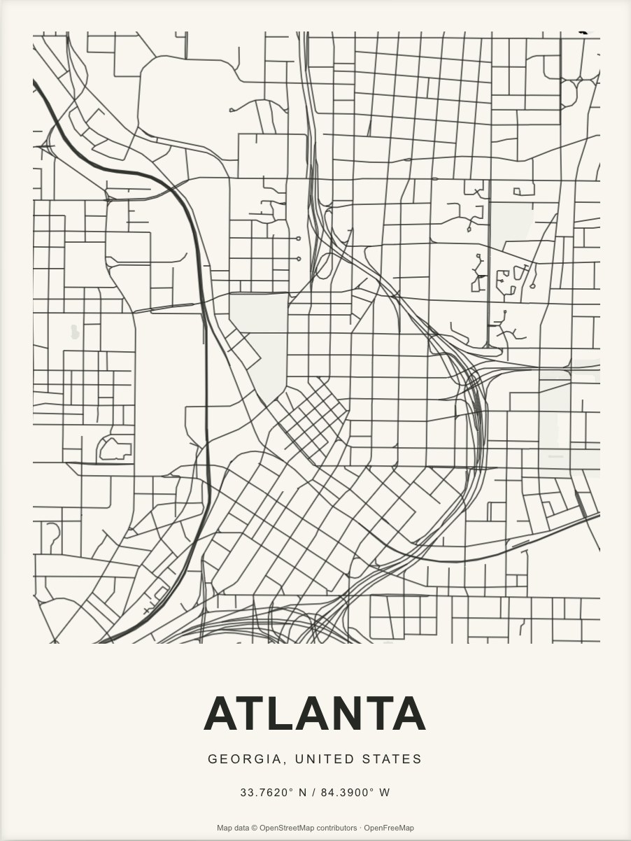 Closer Atlanta street map in dark ink on warm paper