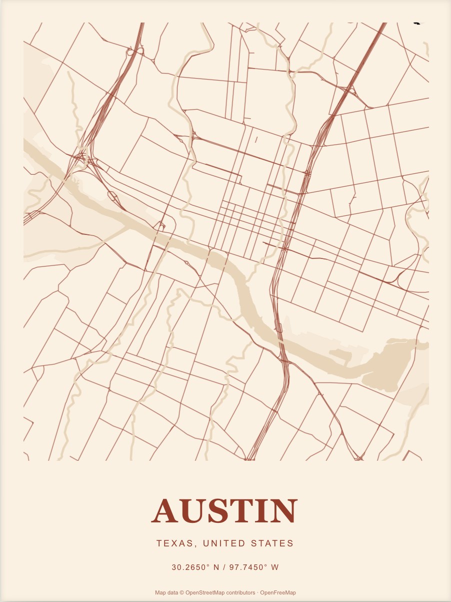 Austin street map print in Terracotta