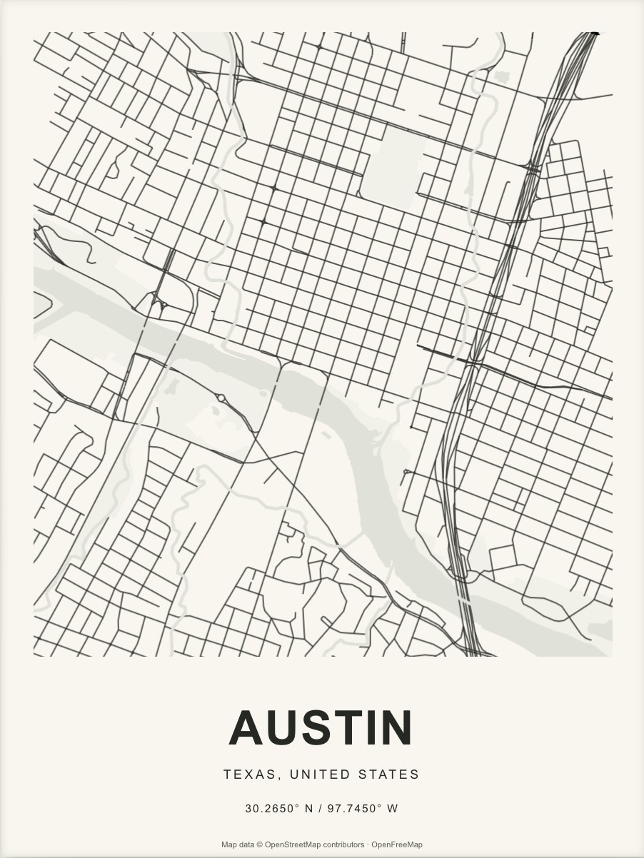 Closer Austin street map in dark ink on warm paper