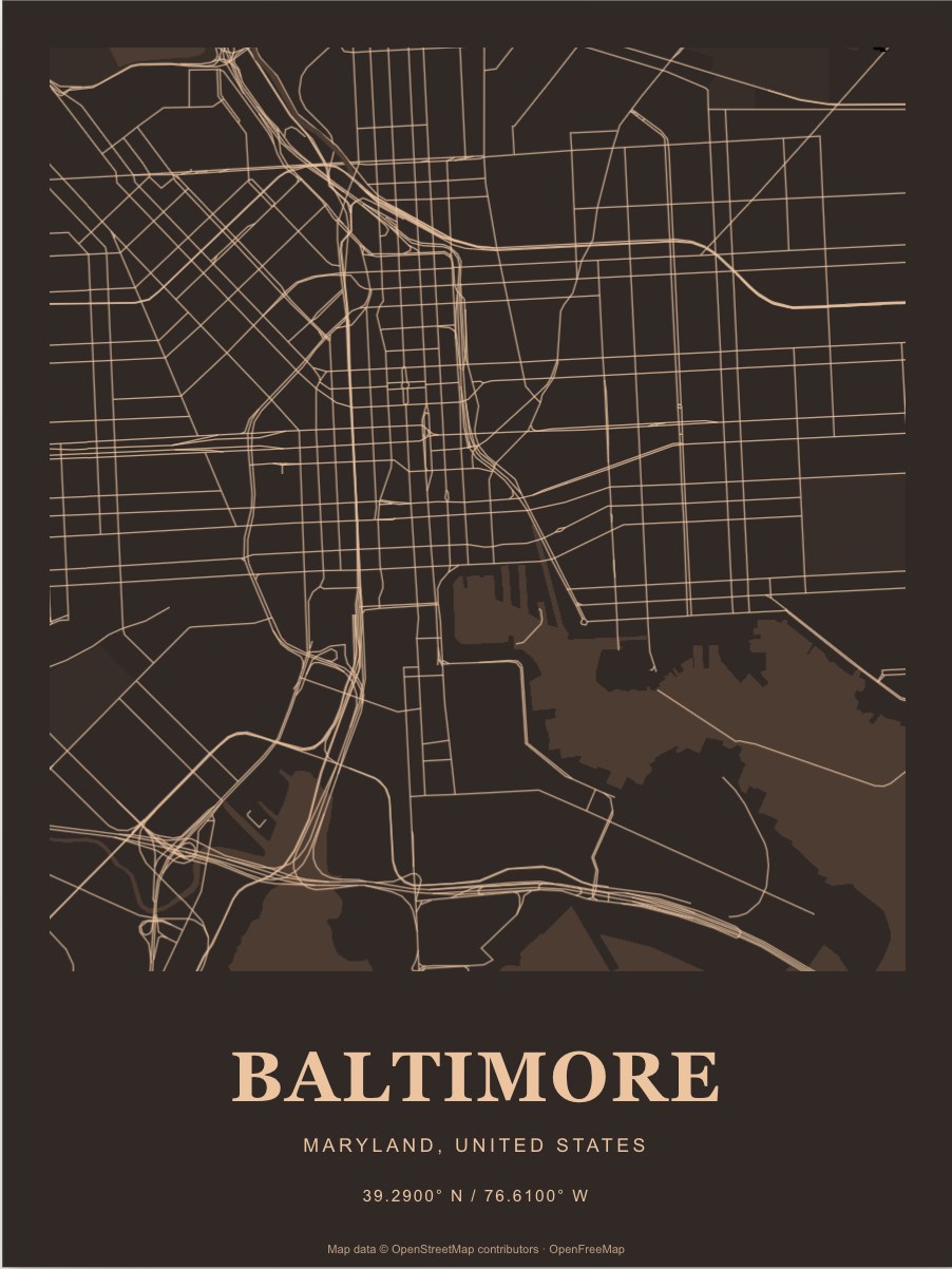 Baltimore street map print in Copper