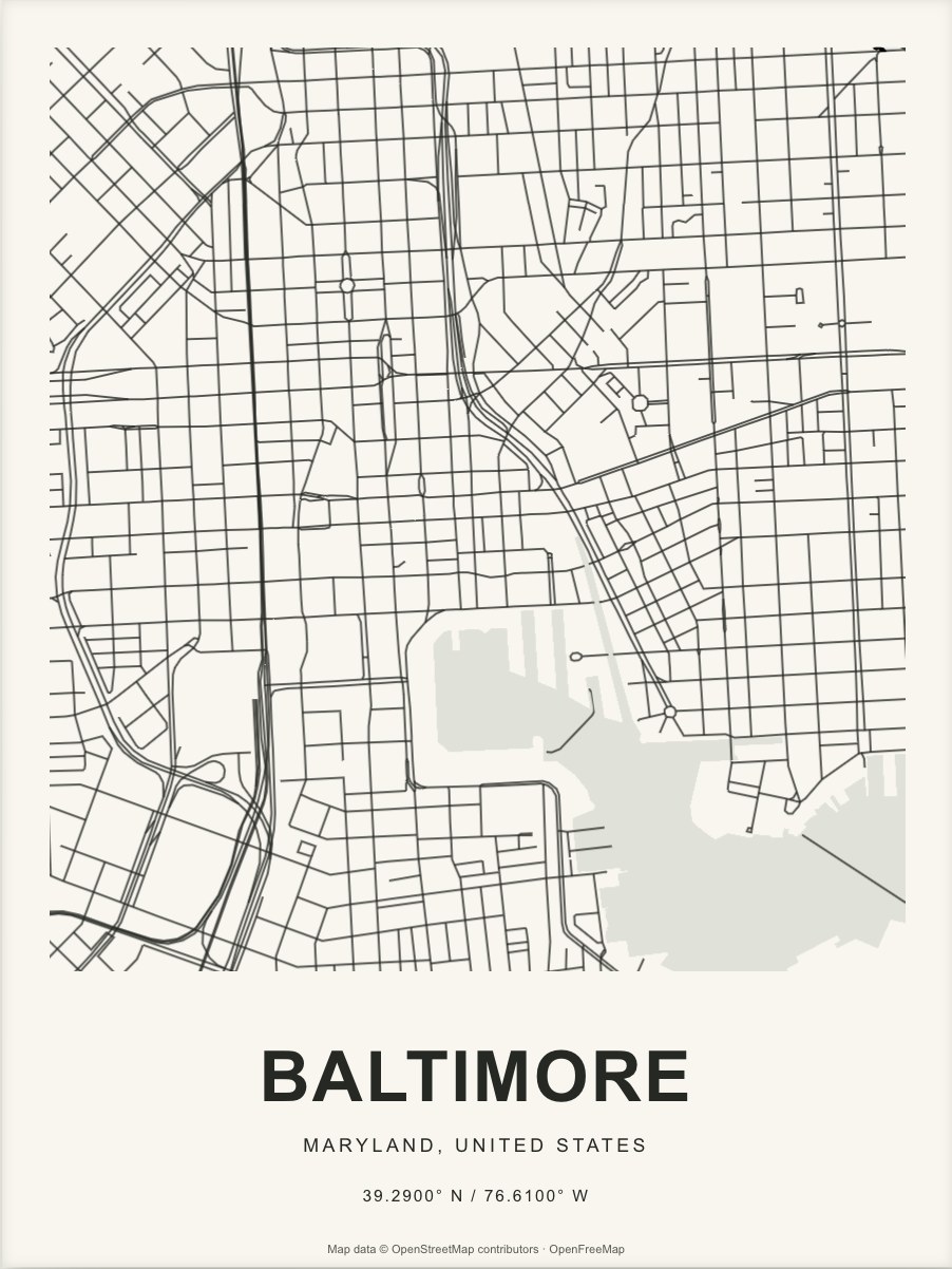 Closer Baltimore street map in dark ink on warm paper