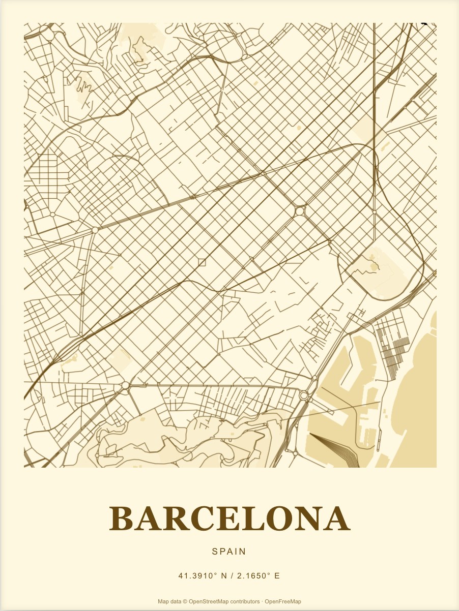 Barcelona street map print in Sunflower
