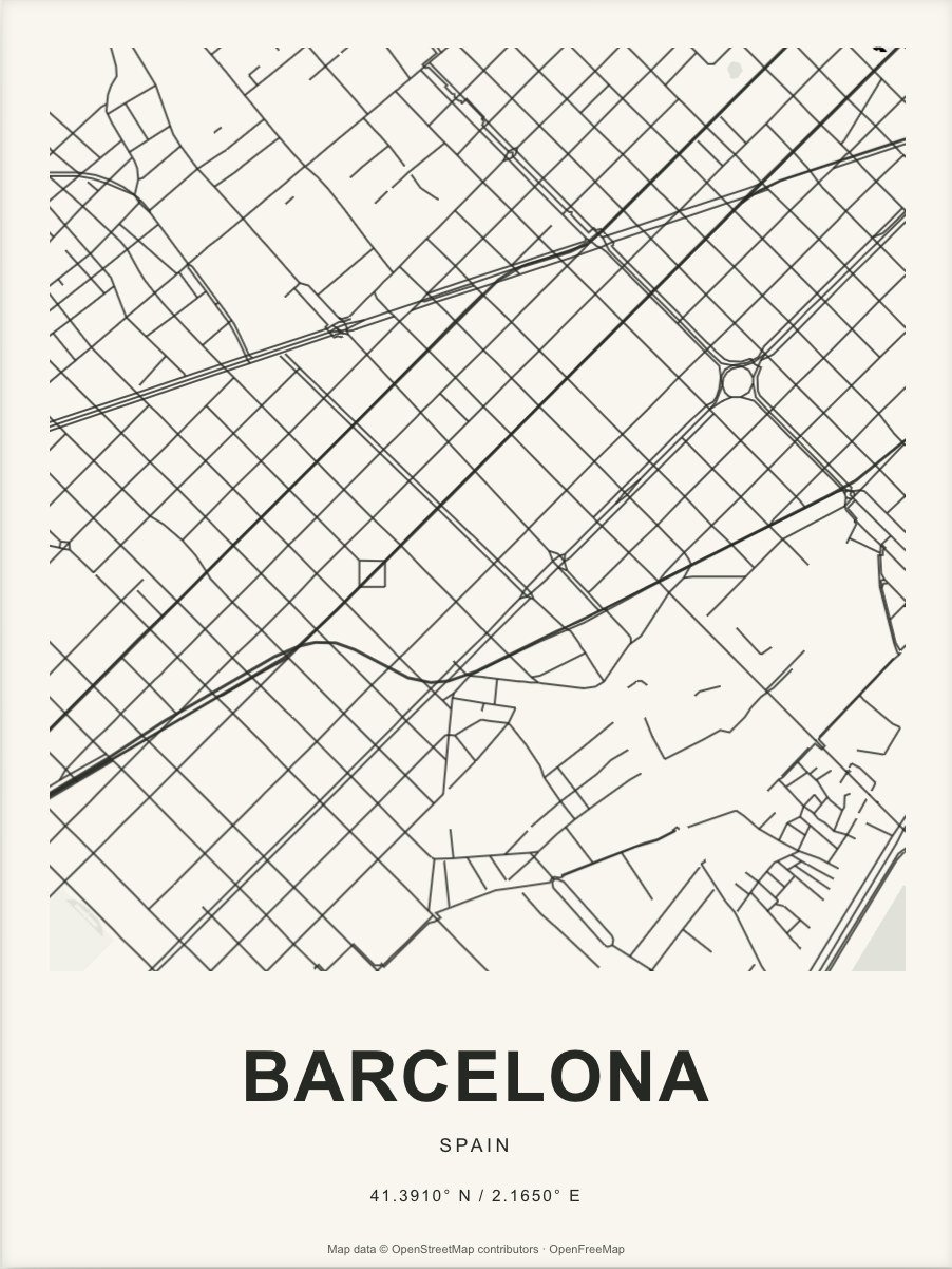 Closer Barcelona street map in dark ink on warm paper