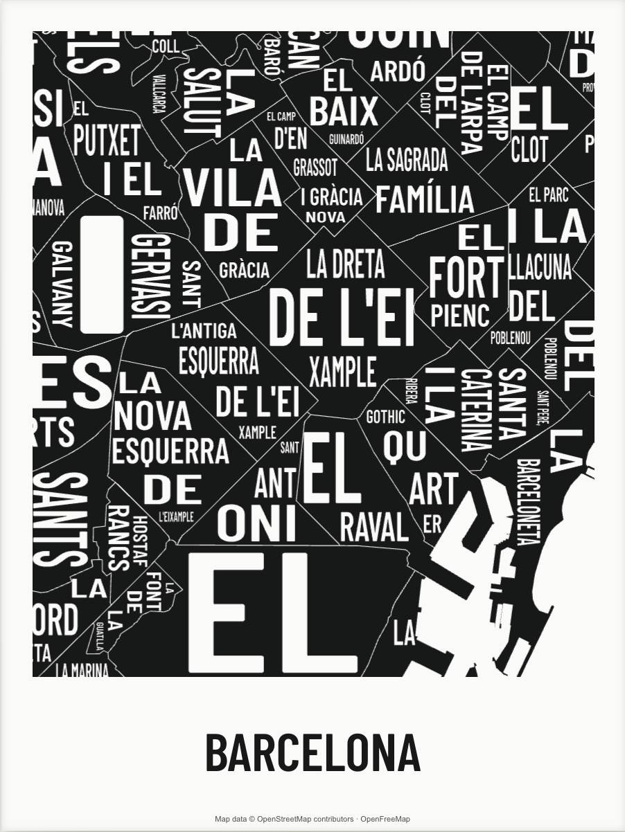 Barcelona map made from the names of its mapped areas