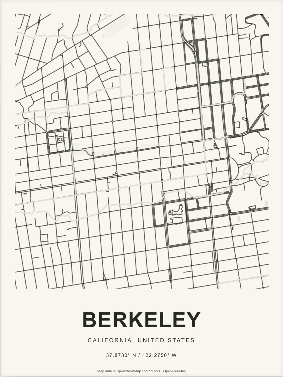 Closer Berkeley street map in dark ink on warm paper