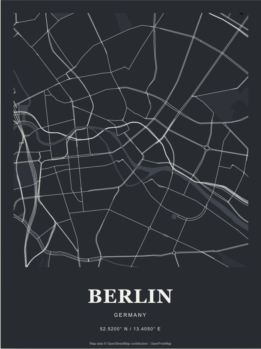 Berlin street map print in Graphite
