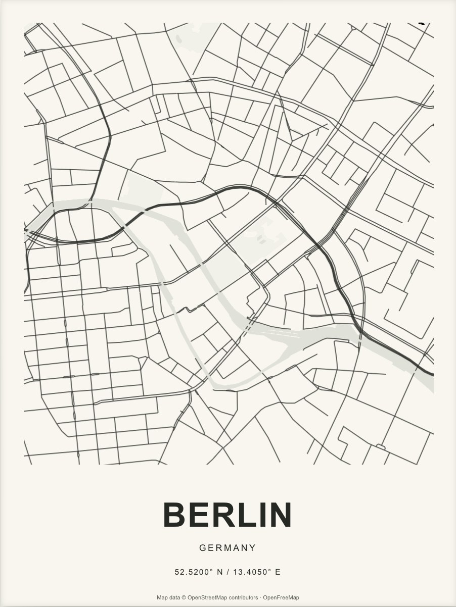 Closer Berlin street map in dark ink on warm paper