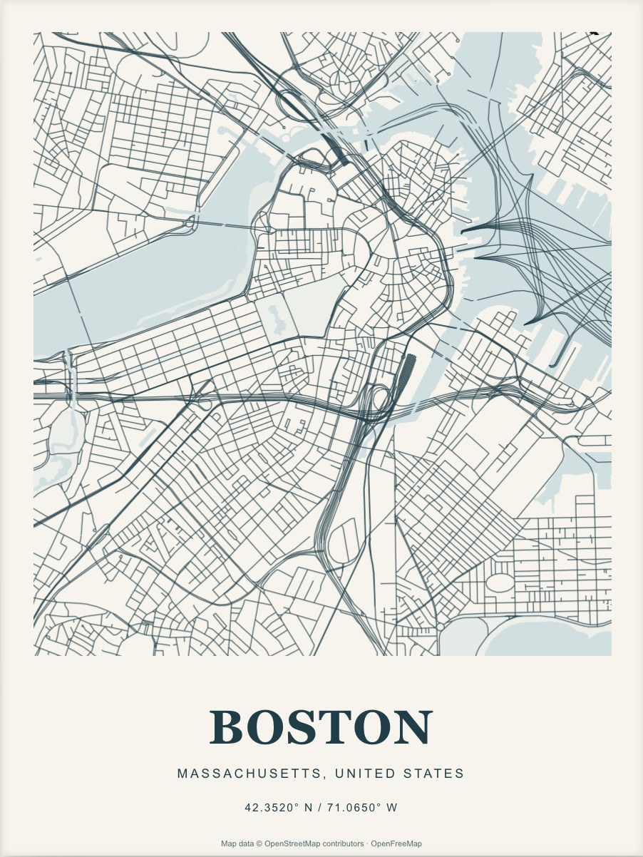 Boston street map print in Atlantic