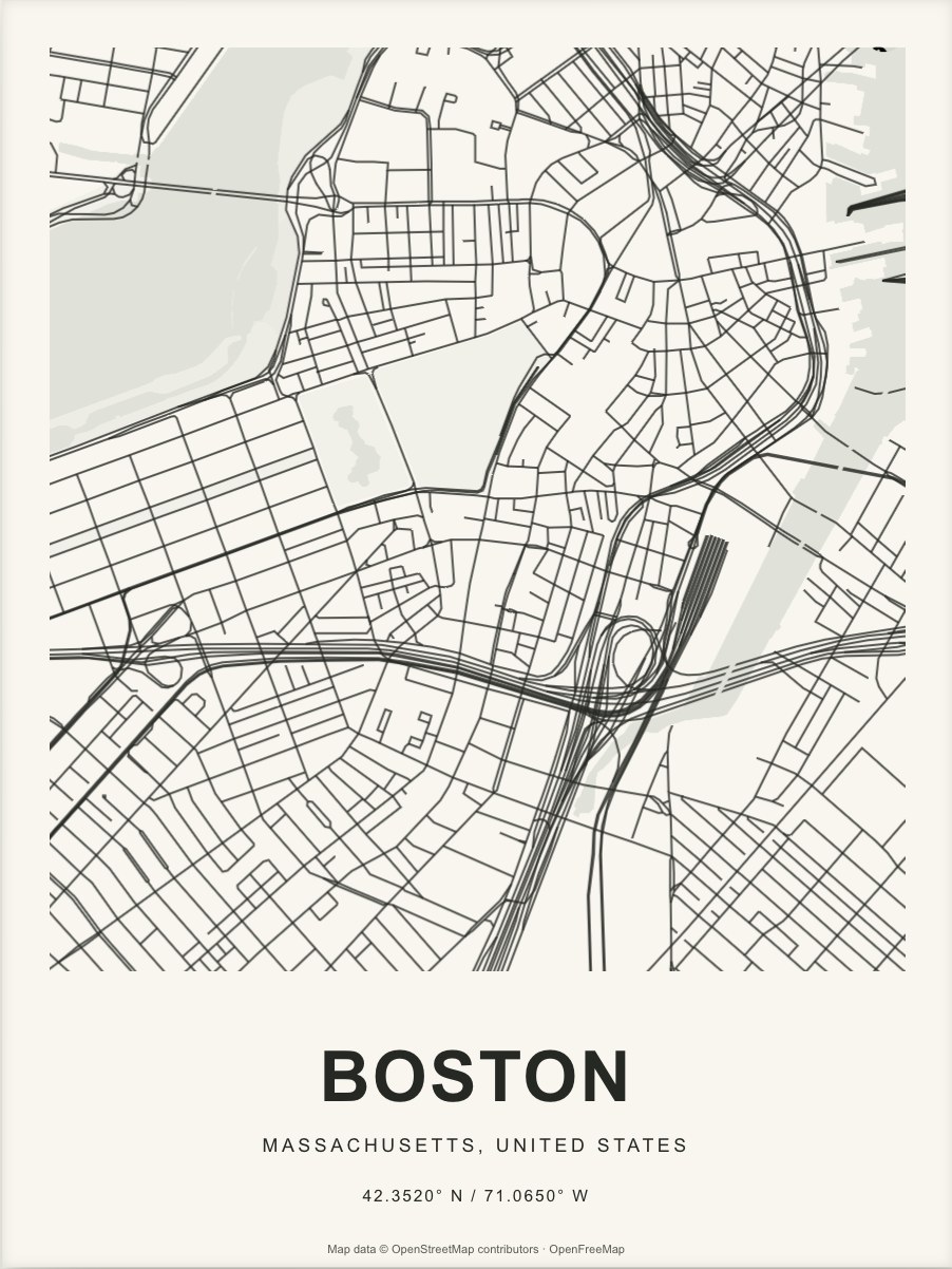 Closer Boston street map in dark ink on warm paper