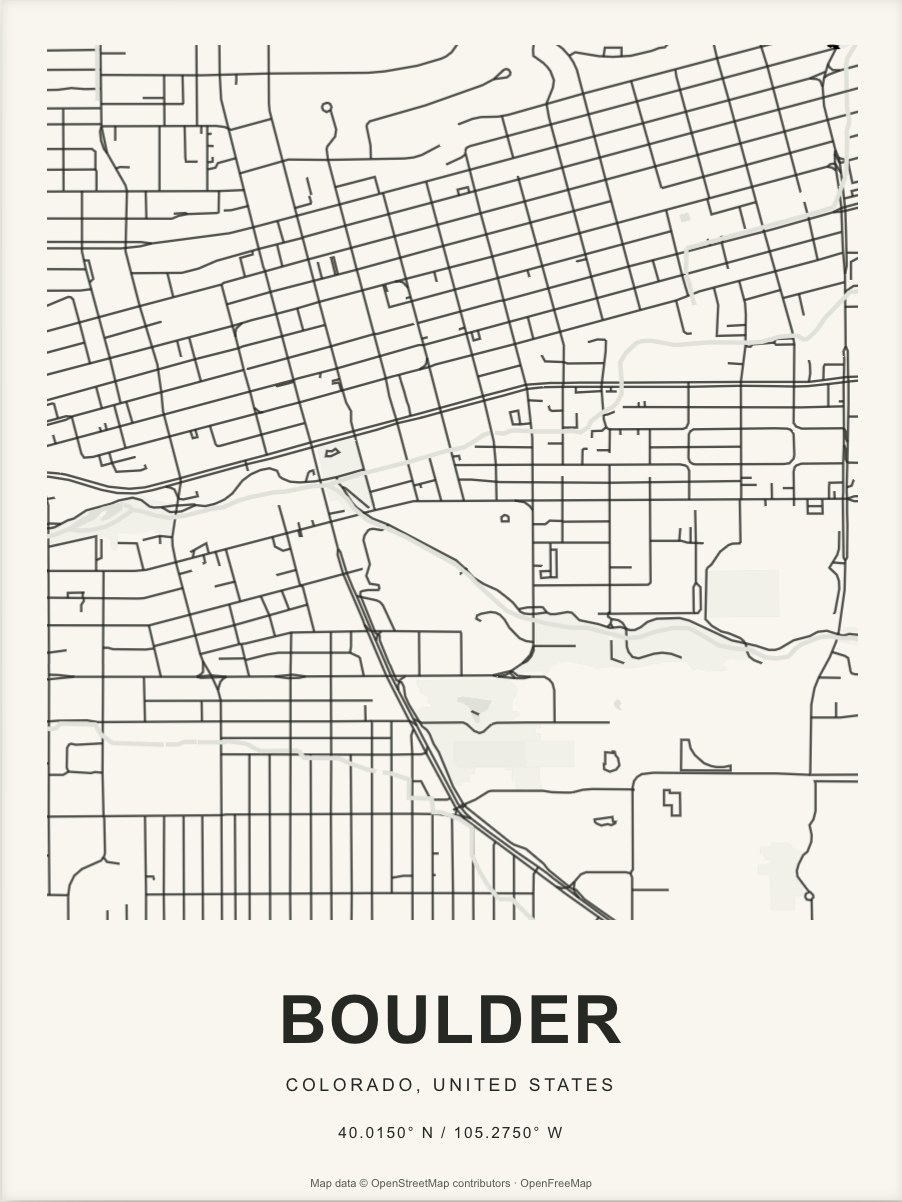 Closer Boulder street map in dark ink on warm paper