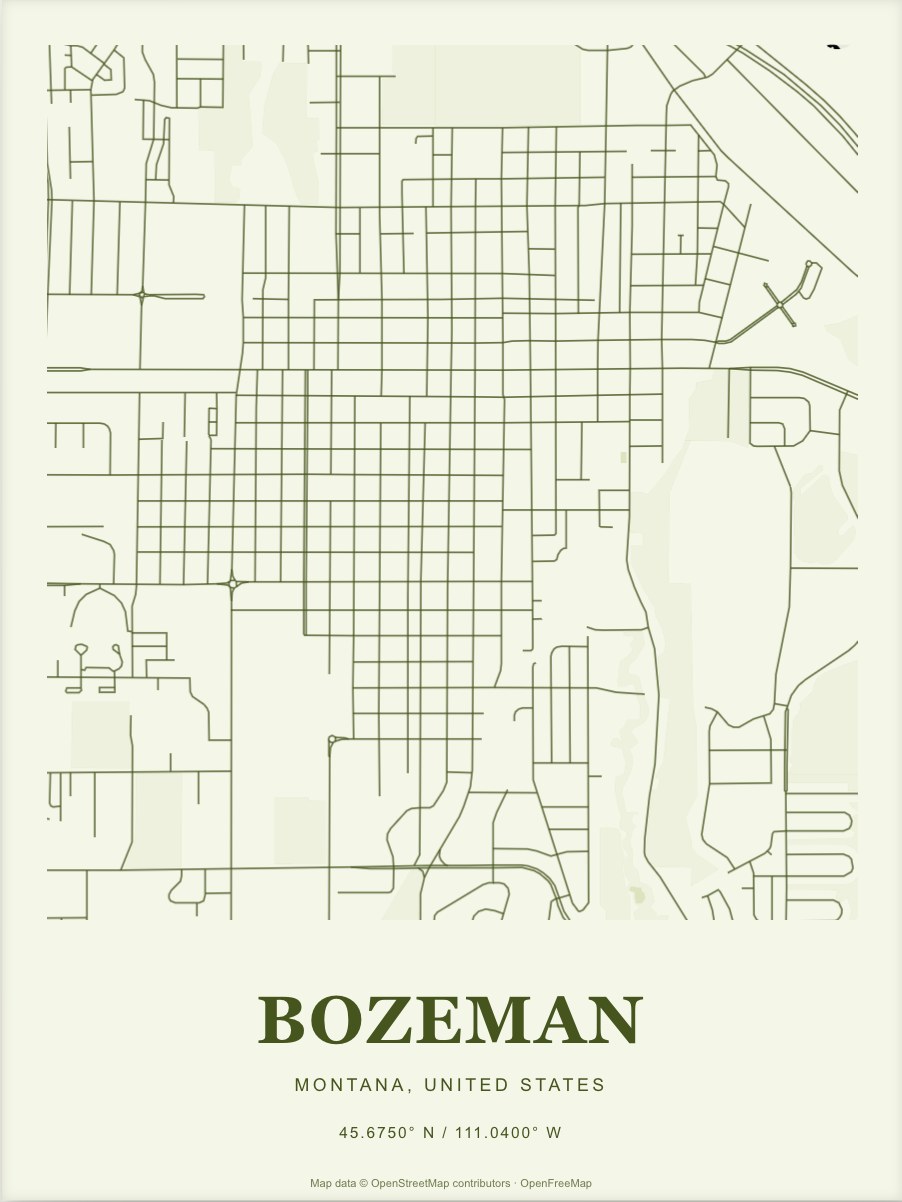 Bozeman street map print in Moss