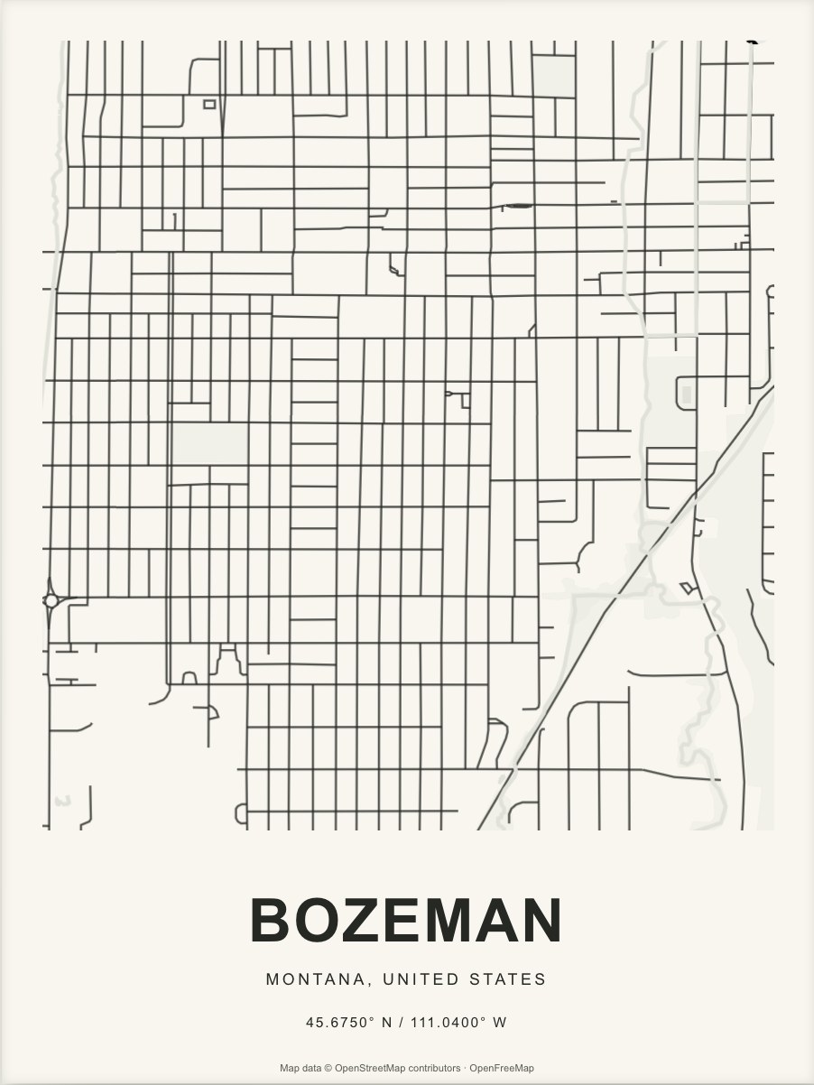 Closer Bozeman street map in dark ink on warm paper
