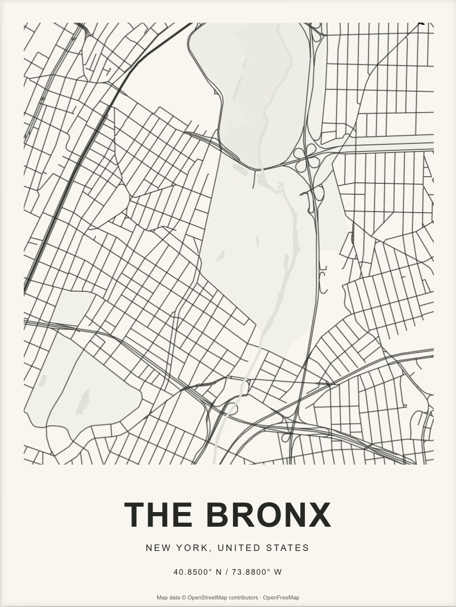 Closer The Bronx street map in dark ink on warm paper
