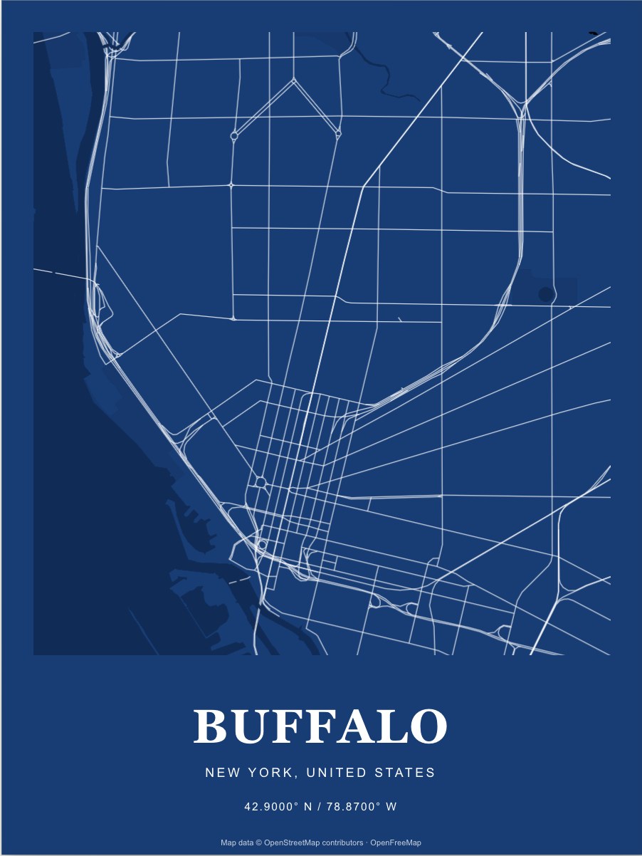 Buffalo street map print in Blueprint