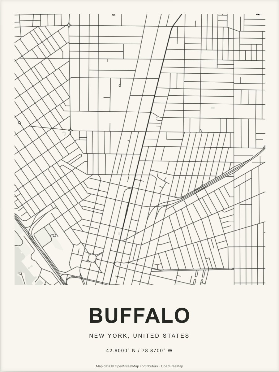 Closer Buffalo street map in dark ink on warm paper