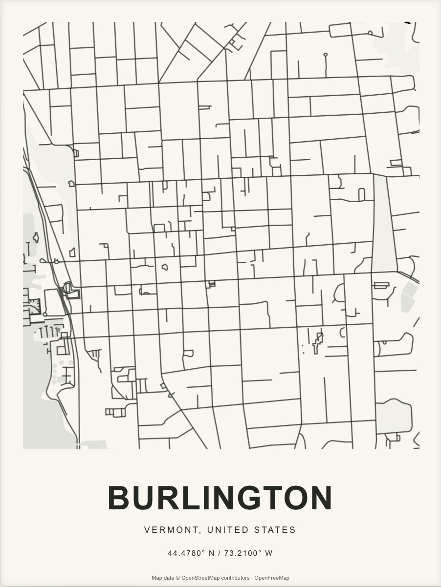 Closer Burlington street map in dark ink on warm paper