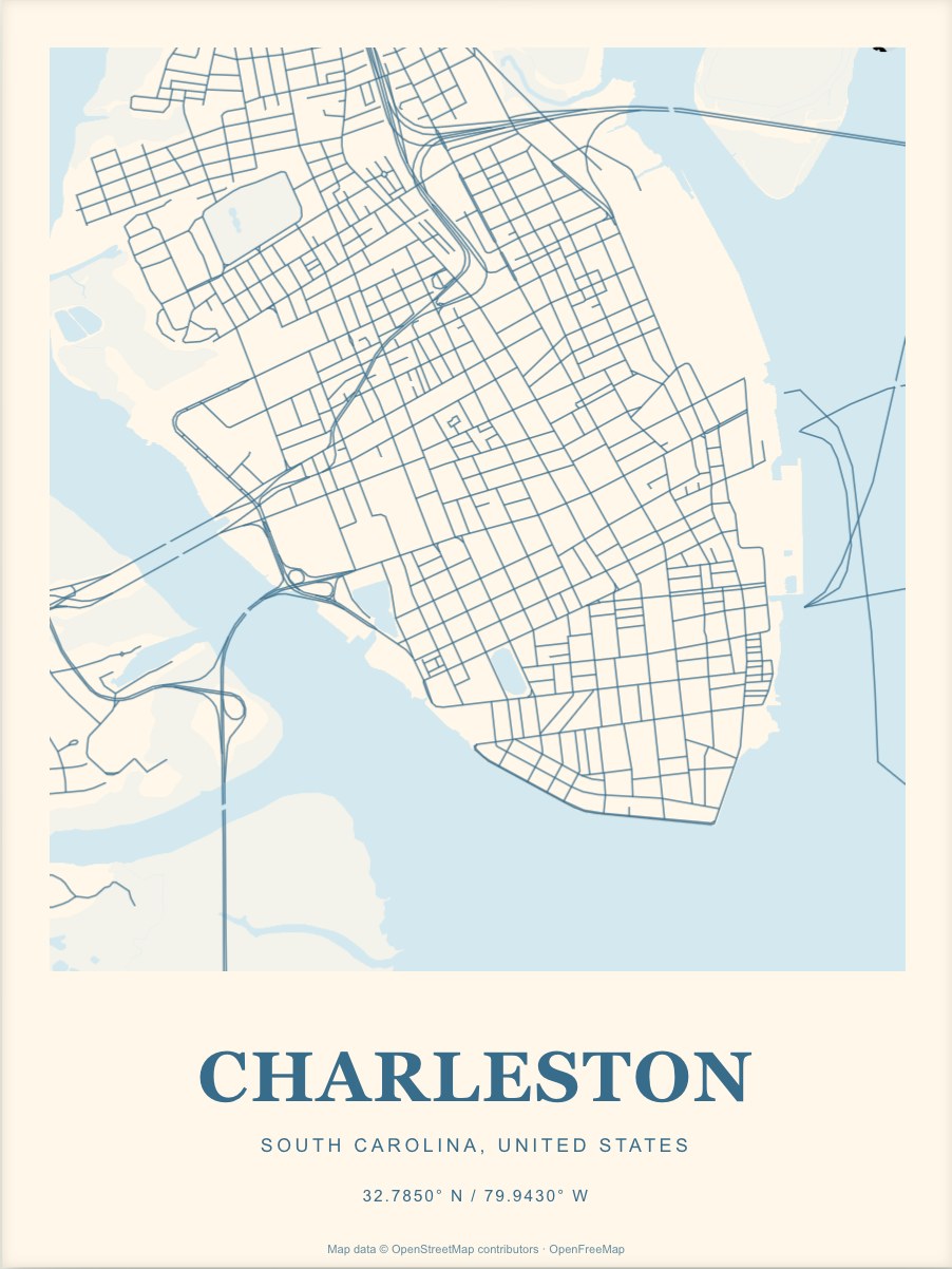 Charleston street map print in Coast