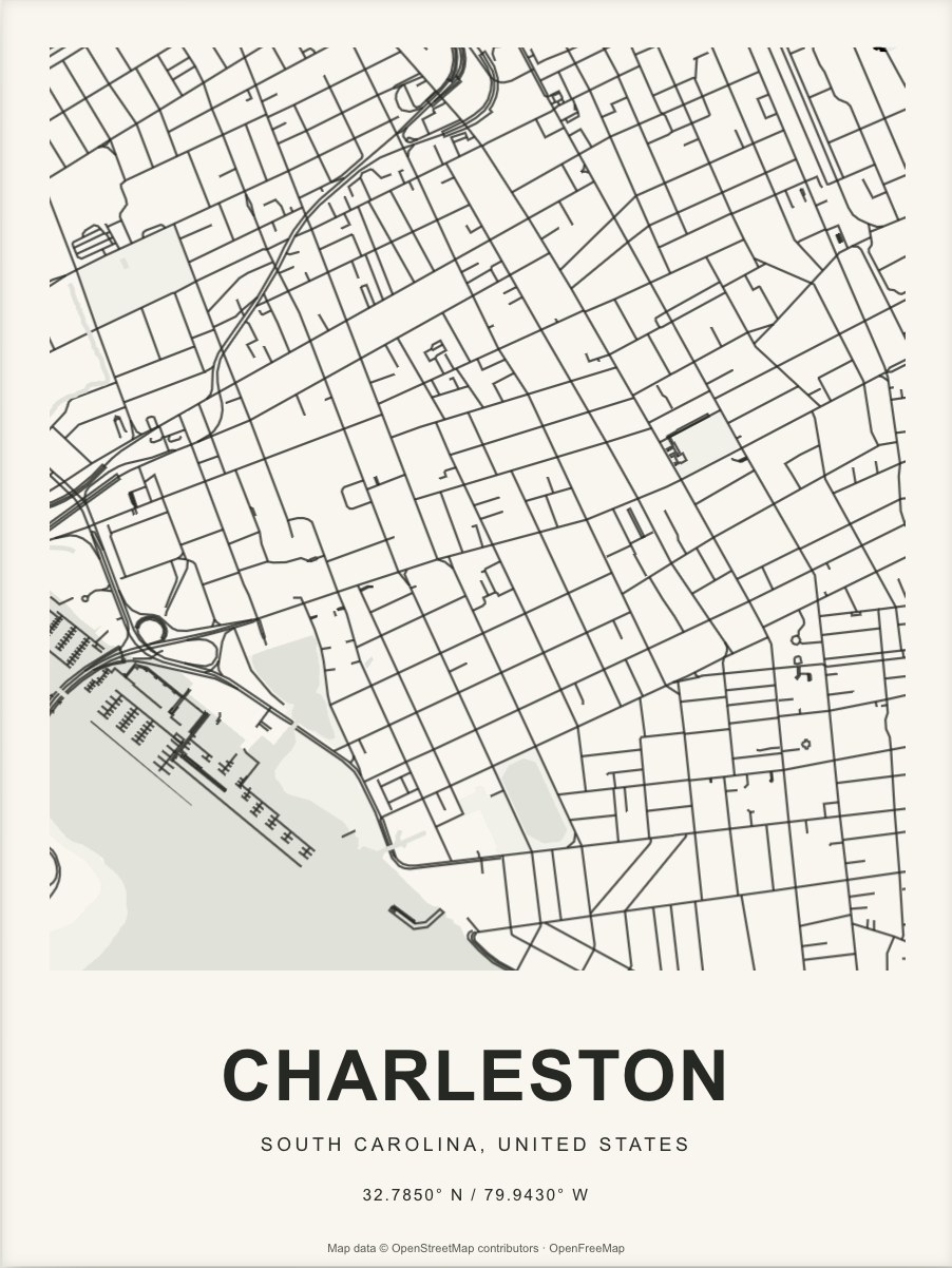 Closer Charleston street map in dark ink on warm paper