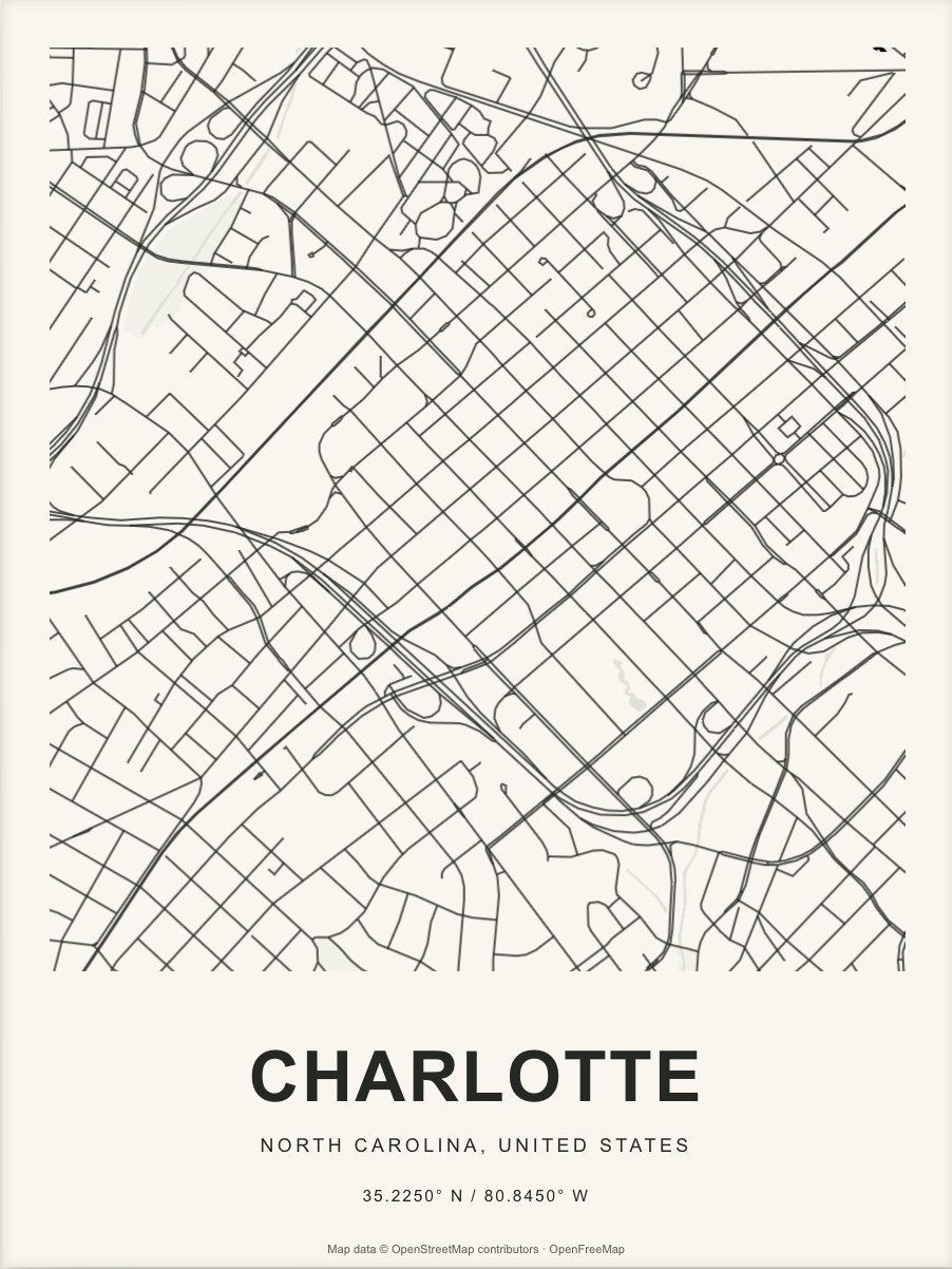 Closer Charlotte street map in dark ink on warm paper