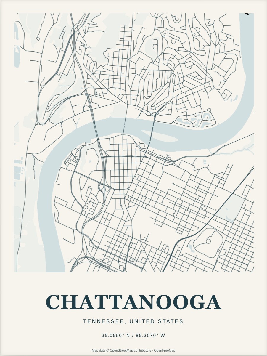 Chattanooga street map print in Atlantic