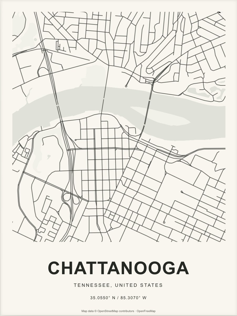 Closer Chattanooga street map in dark ink on warm paper