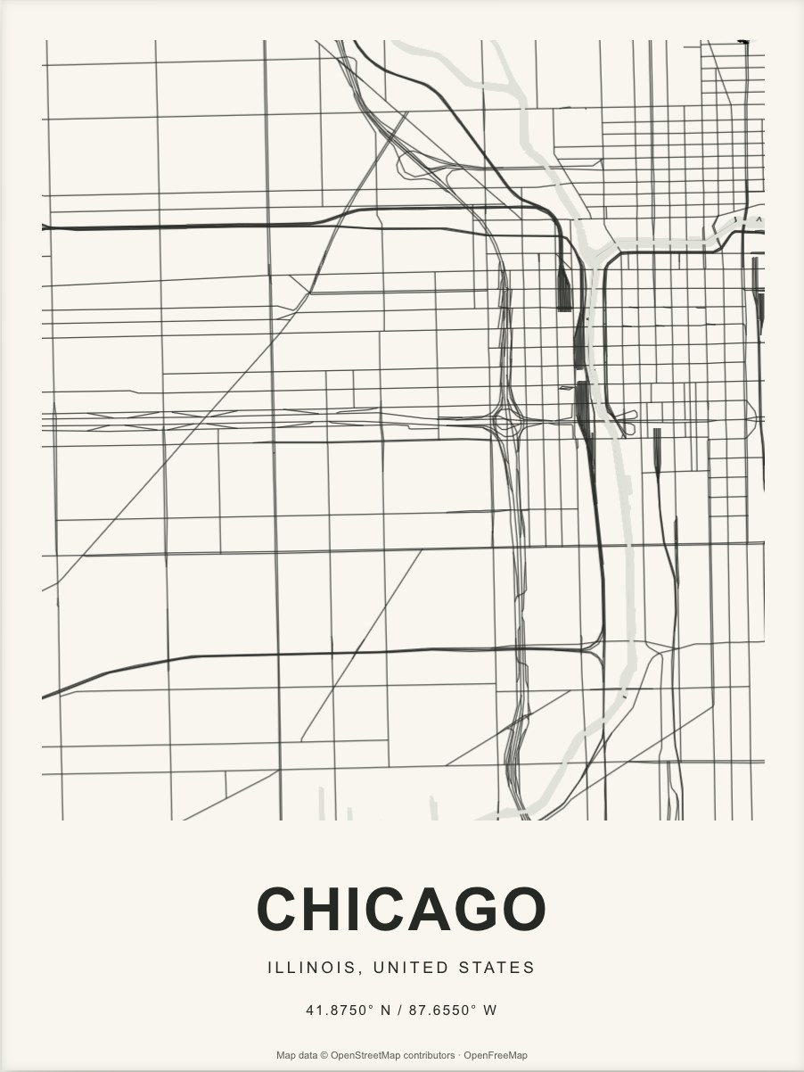 Closer Chicago street map in dark ink on warm paper