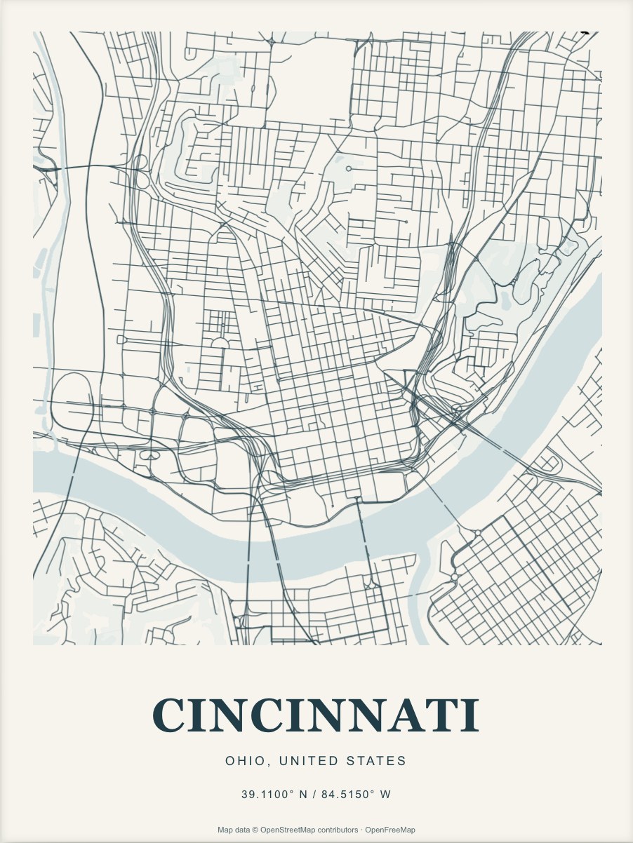Cincinnati street map print in Atlantic