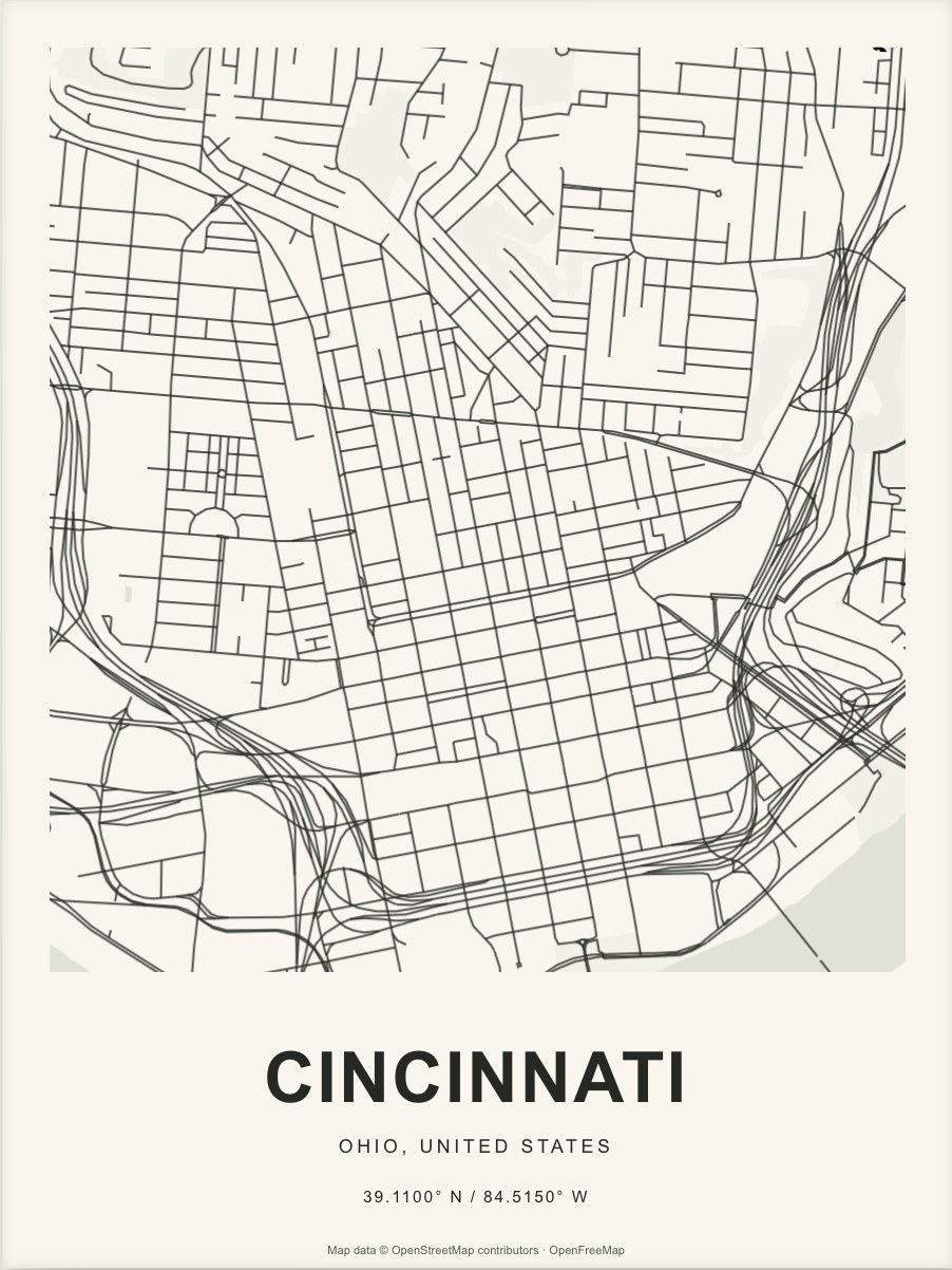 Closer Cincinnati street map in dark ink on warm paper
