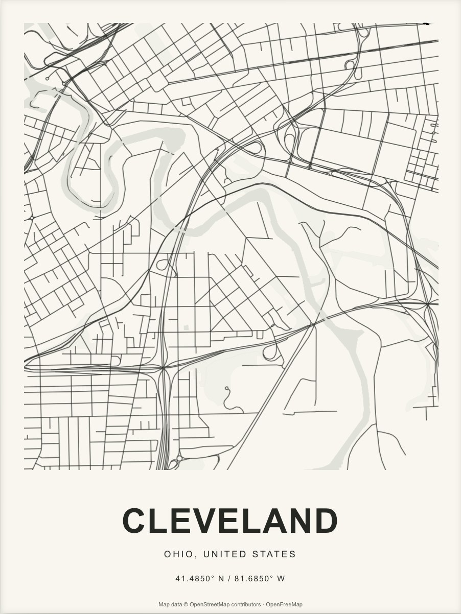 Closer Cleveland street map in dark ink on warm paper