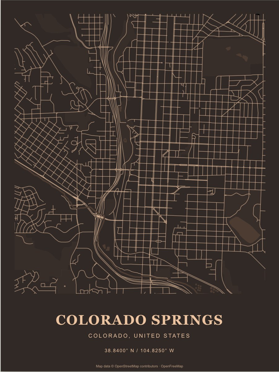 Colorado Springs street map print in Copper