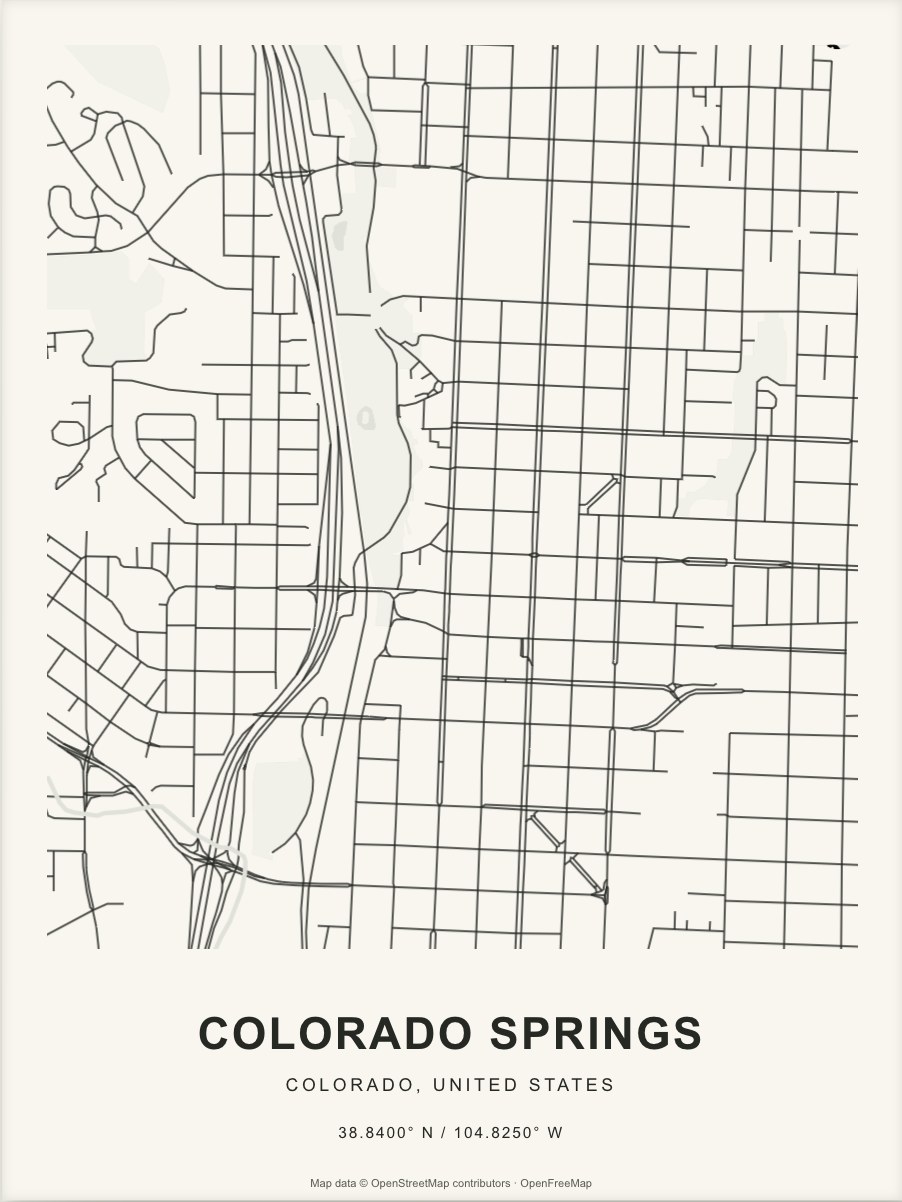 Closer Colorado Springs street map in dark ink on warm paper