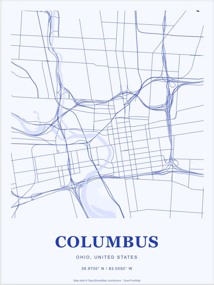 Columbus street map print in Cobalt