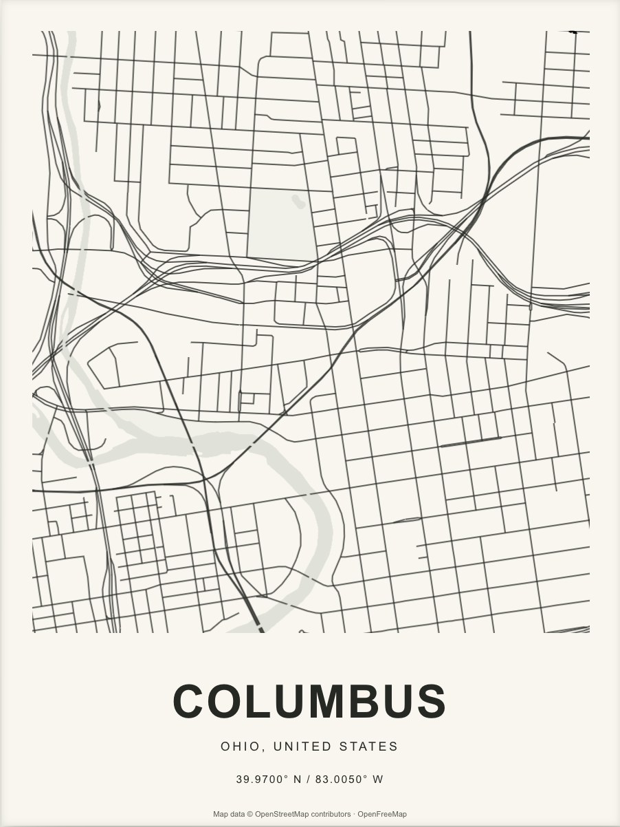 Closer Columbus street map in dark ink on warm paper