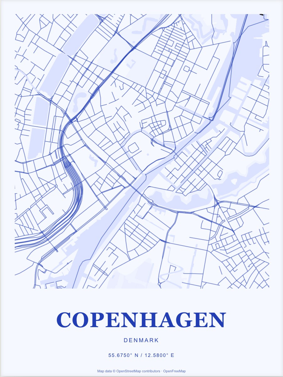 Copenhagen street map print in Cobalt