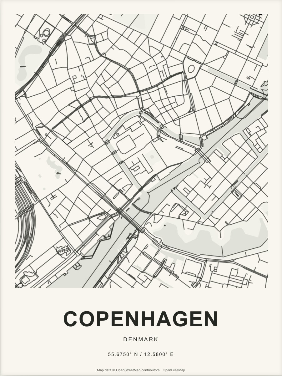 Closer Copenhagen street map in dark ink on warm paper