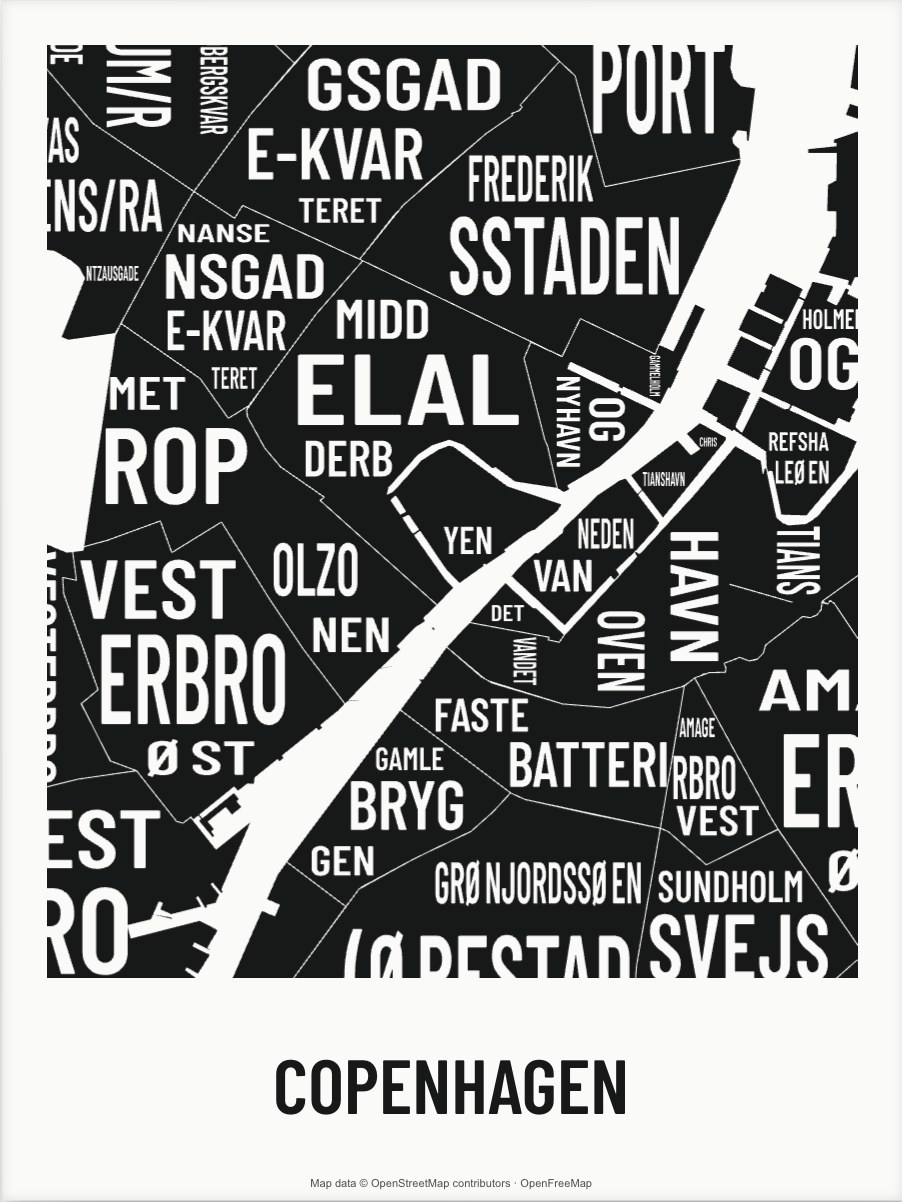 Copenhagen map made from the names of its mapped areas