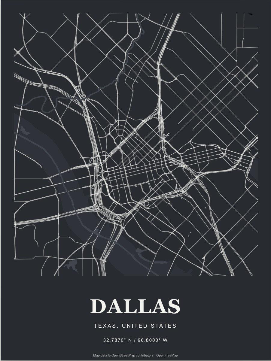 Dallas street map print in Graphite