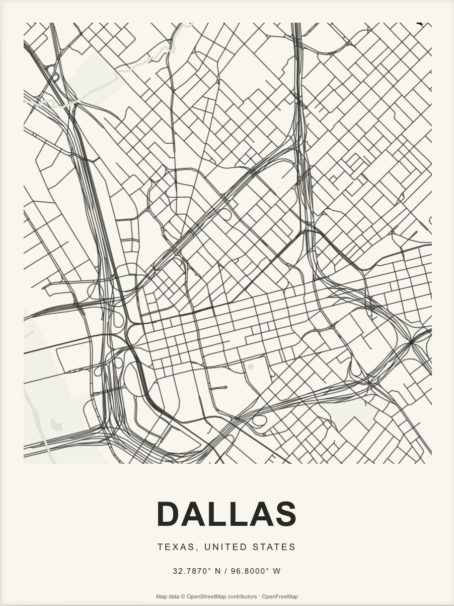 Closer Dallas street map in dark ink on warm paper