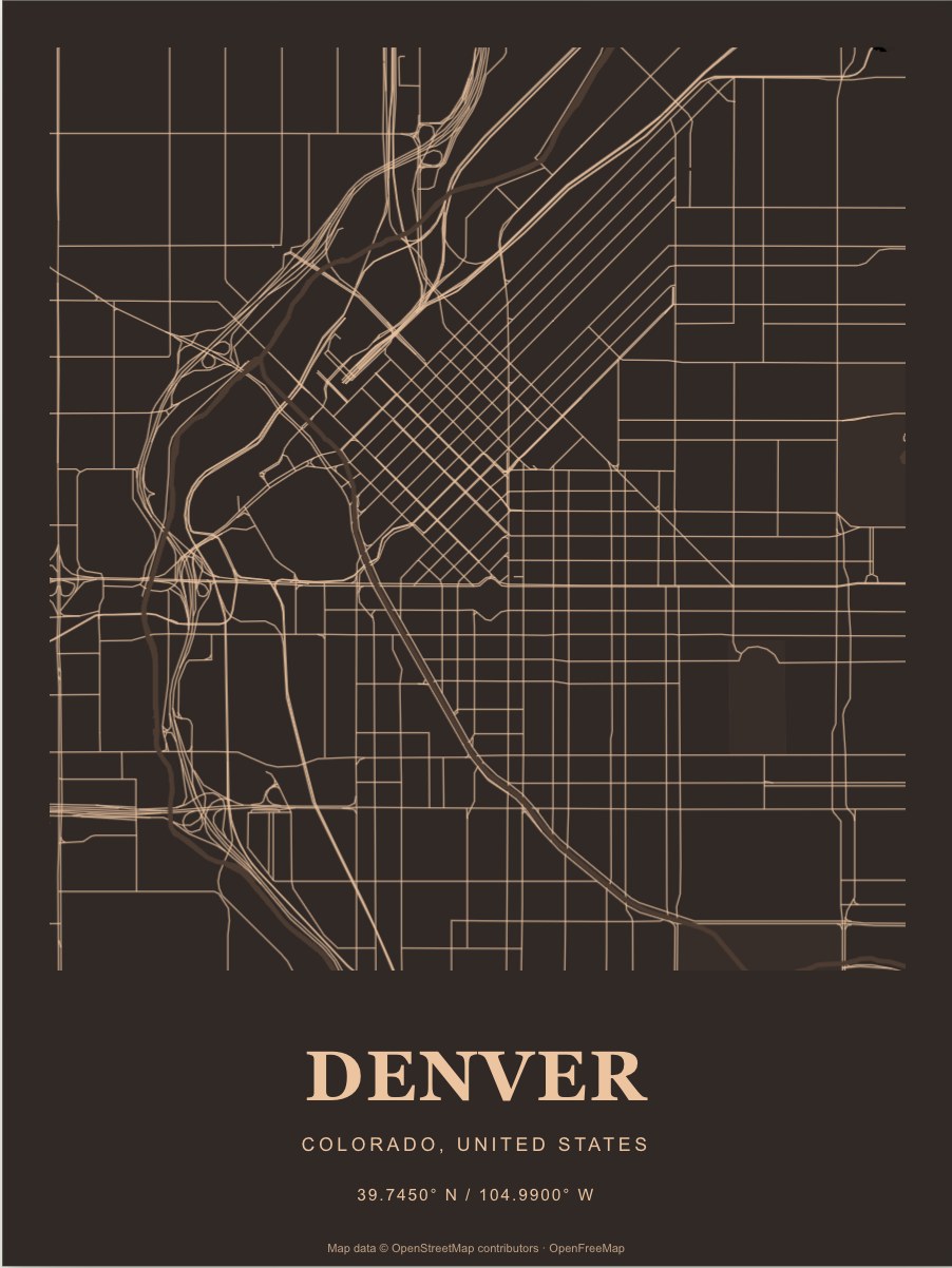 Denver street map print in Copper